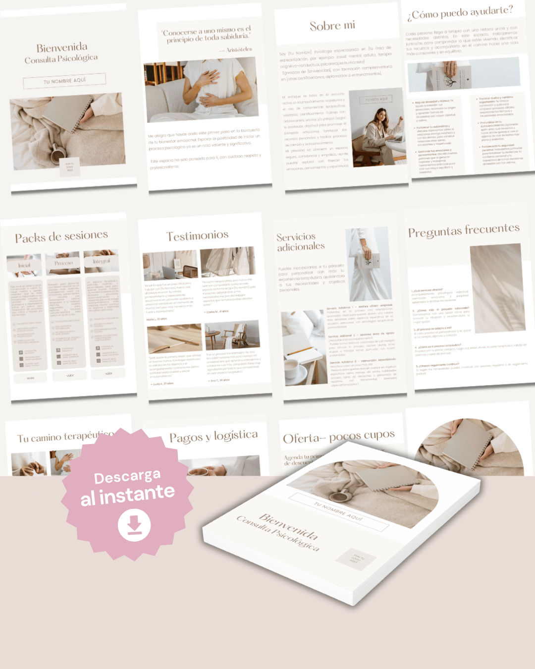 Mockup de plantilla editable en Canva para consultas de psicología. Incluye mensaje de bienvenida, presentación, enfoque terapéutico y pasos para agendar.
