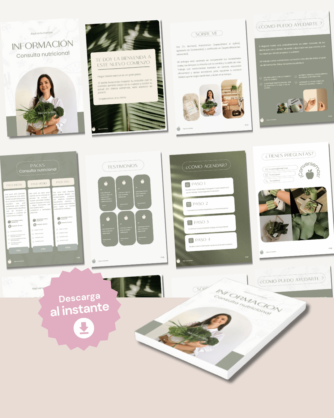 Mockup de plantilla editable en Canva para consultas nutricionales. Incluye bienvenida, presentación, packs y pasos para agendar.