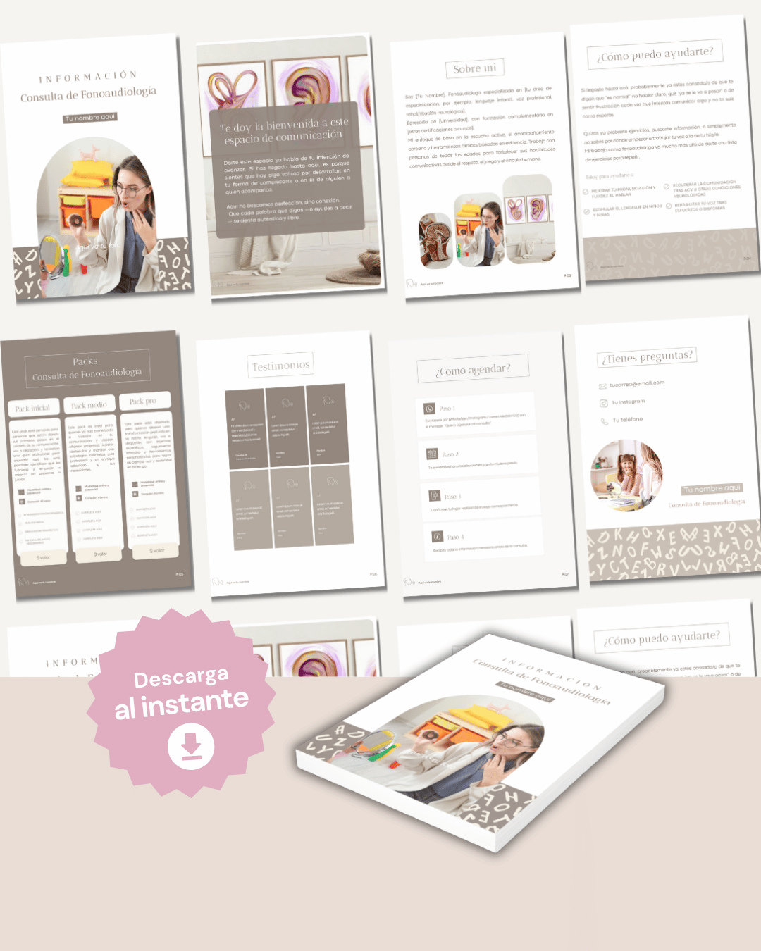 plantilla editable en Canva para consultas de fonoaudiología. Incluye bienvenida, presentación profesional y pasos para agendar.